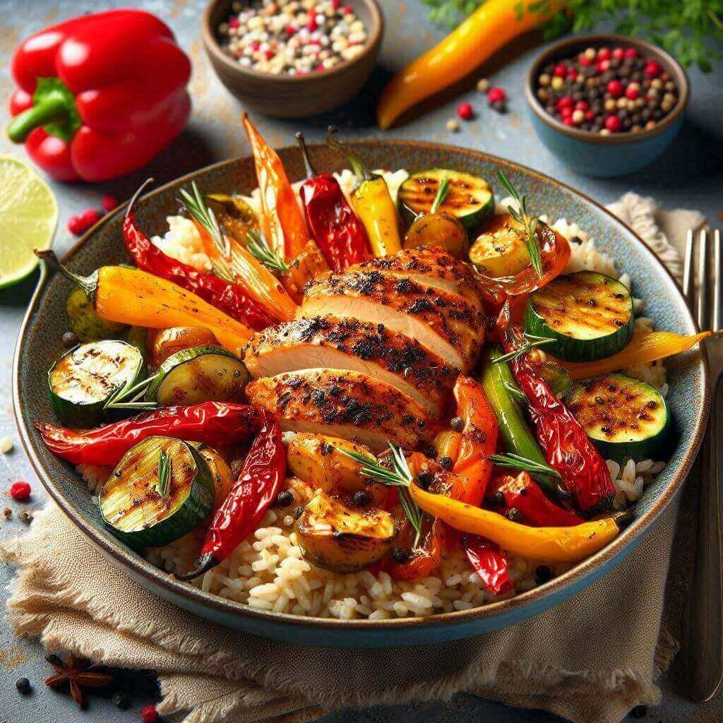 Frango Picante com Arroz Integral e Legumes Assados: Uma Explosão de Sabores para um Dia Mais Saudável e Delicioso!