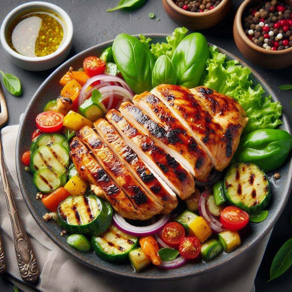 Peito de Frango Grelhado com Salada de Legumes e Vinagrete: Uma Sinfonia de Sabores Saudáveis