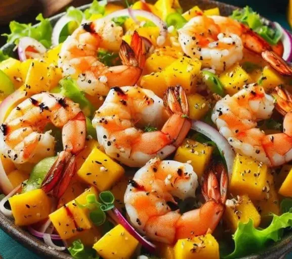 Salada Tropical com Camarão Grelhado e Molho de Manga: Um Sabor Vibrante para o Verão