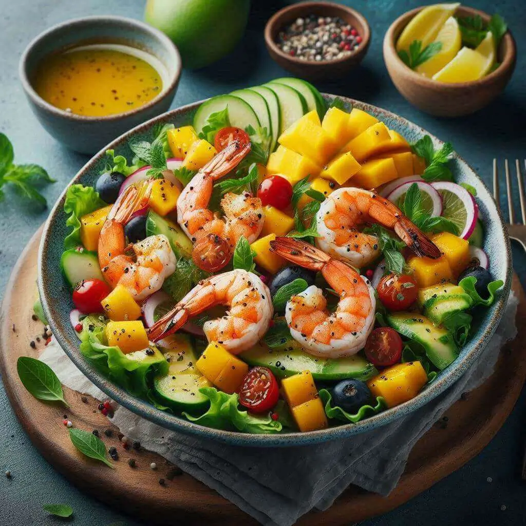 Salada Tropical com Camarão Grelhado e Molho de Manga: Um Sabor Vibrante para o Verão