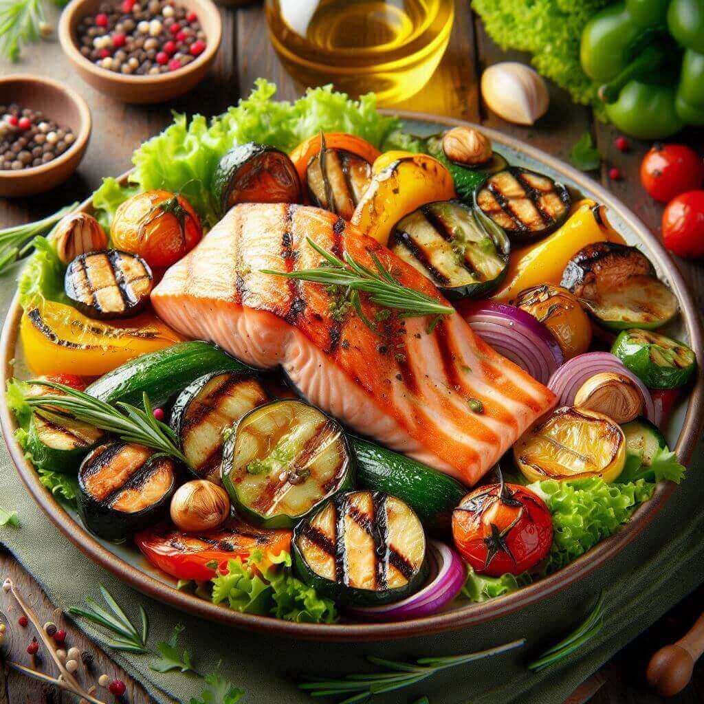 Salmão Assado com Legumes Grelhados e Salada Verde: Uma Sinfonia Mediterrânea de Sabores