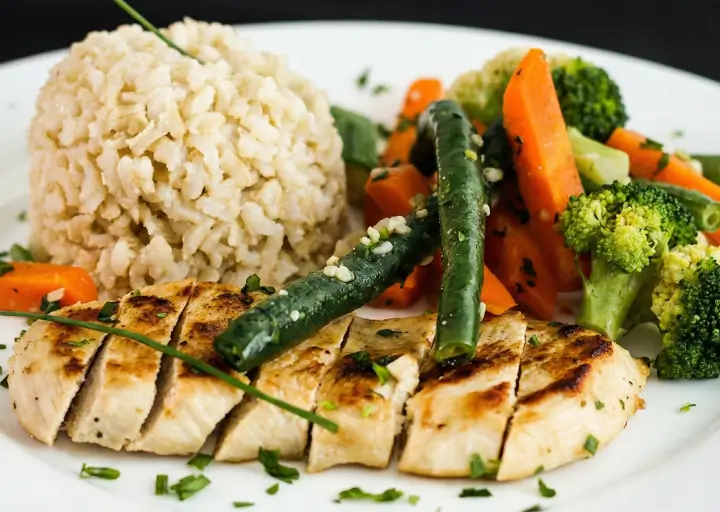 Frango Picante com Arroz Integral e Legumes Assados: Uma Explosão de Sabores para um Dia Mais Saudável e Delicioso!