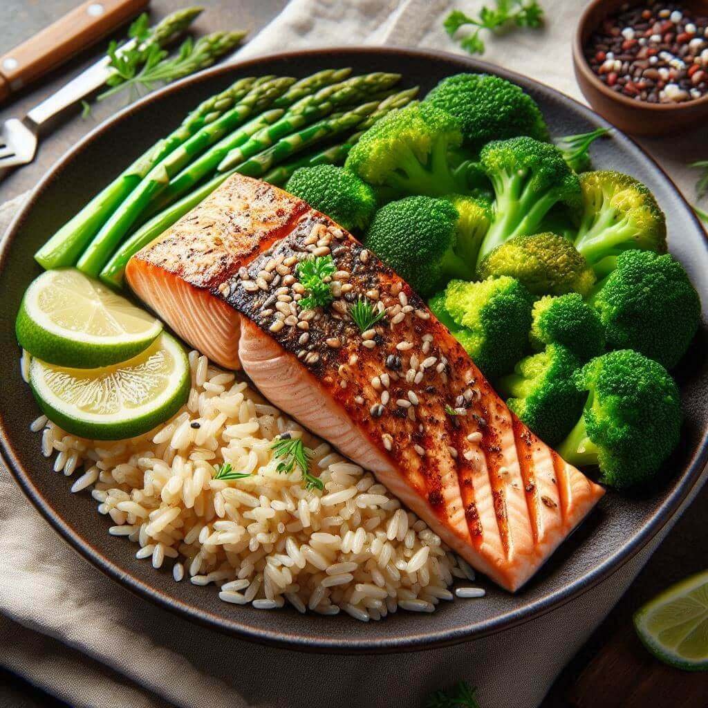 Salmão Grelhado com Arroz Integral e Brócolis no Vapor: Sabores e Saúde