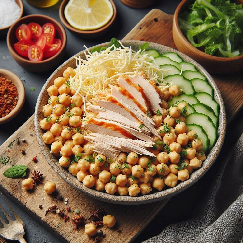 Salada de Grão-de-Bico com Frango Desfiado