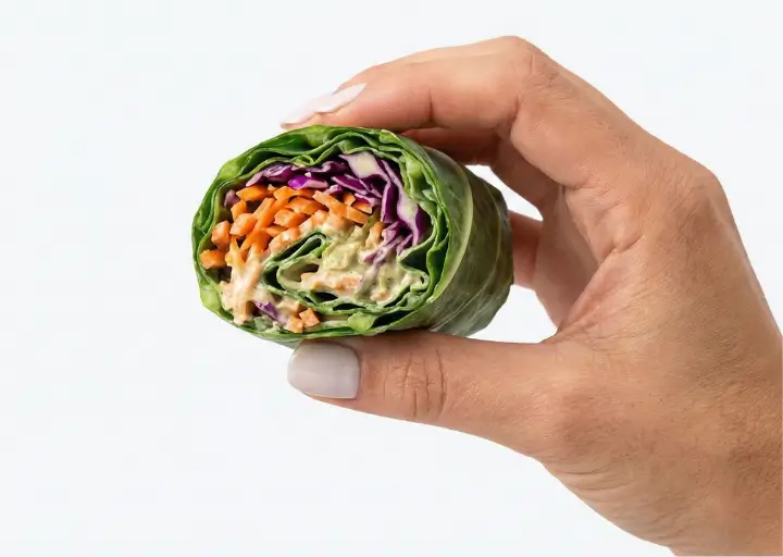 Wrap de Couve com Creme de Abacate e Legumes Crocantes