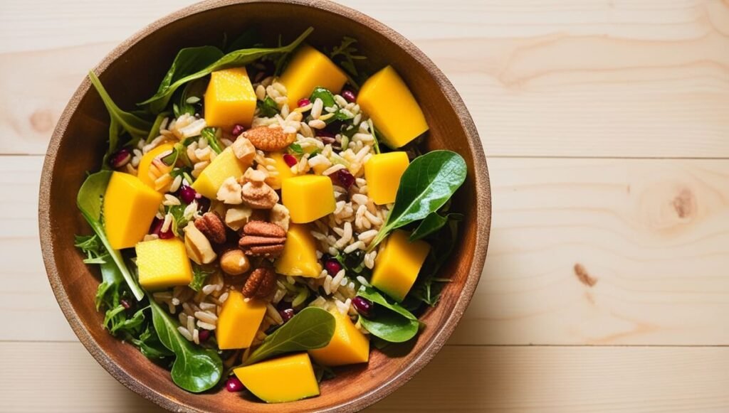 "Salada de Grãos com Manga e Castanhas: Nutrição e Sabor"