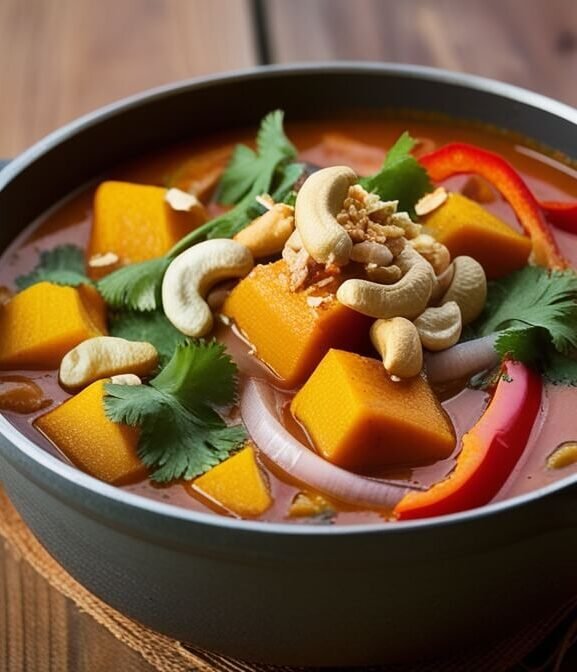 "Mistura de Sabores Tropicais: Moqueca Vegetariana com Toque de Castanha"