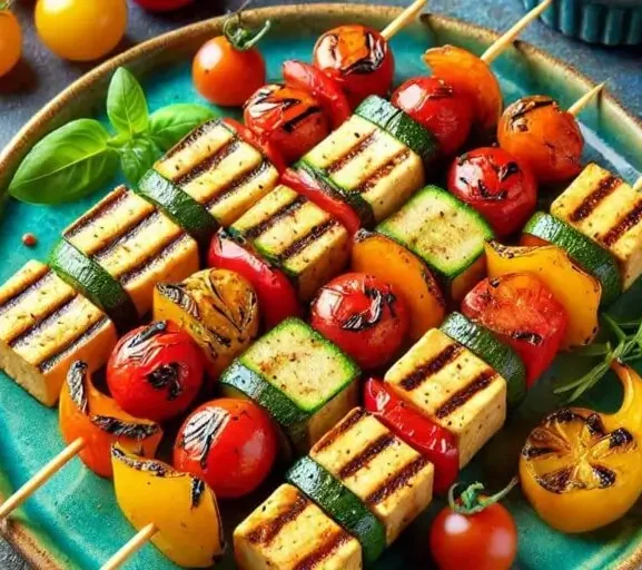 Espetinhos de Tofu Marinado com Legumes