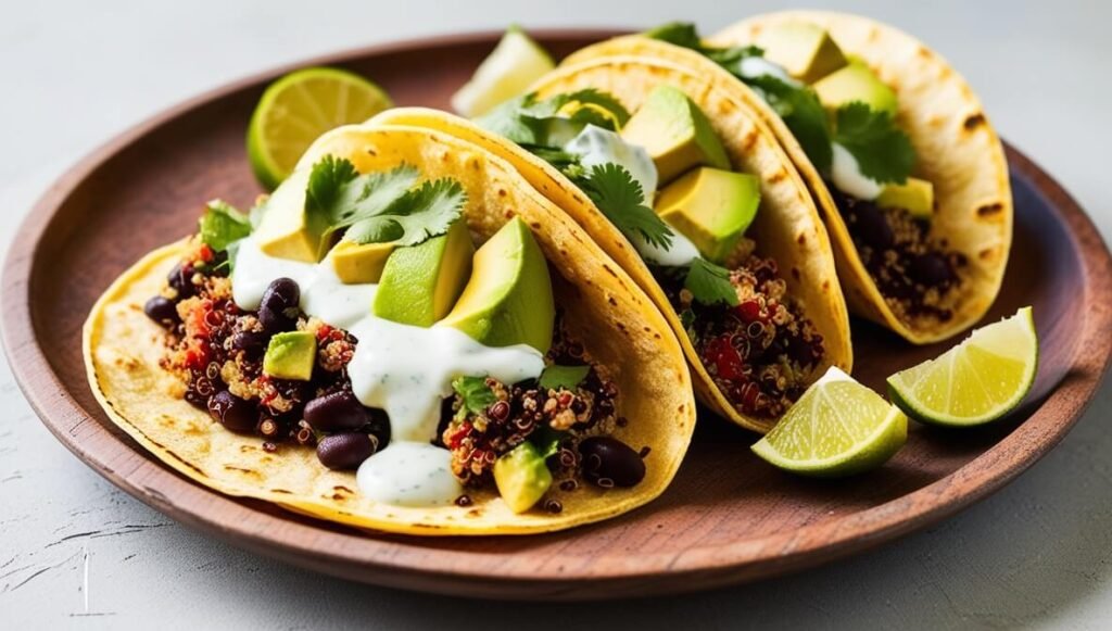 Tacos de Quinoa e Abacate com Molho de Iogurte